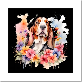 A basset hound decorated with beautiful watercolor flowers Posters and Art